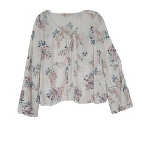 Hollister Top Blouse Womens Medium White Blue Pink Floral Bell Sleeves Drawstrin